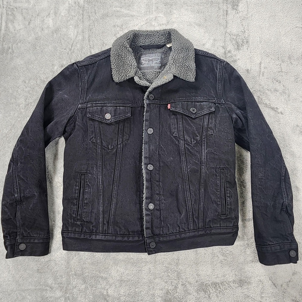 Levis Sherpa Trucker Jacket Mens Small‎ Black Denim Faux Fur Lined Winter Warm